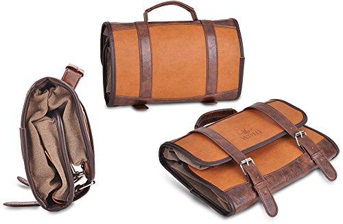 Vetelli Foldable Hanging Leather Travel Toiletry Bag for Men with 4 Pockets