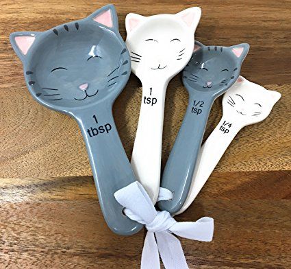 Cat Shaped Ceramic Measuring Spoons With Tie Ribbon - Gift For Cat