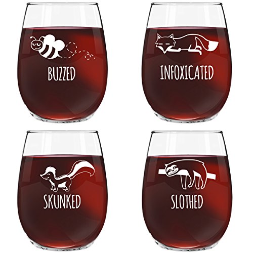 Animal Pack Set of 4 Glasses Funny Stemless Wine Glass Set Buzzed Her Infoxicated Quality Made in USA Skunked and Slothed Novelty Wine Glasses with Cute Sayings for Women