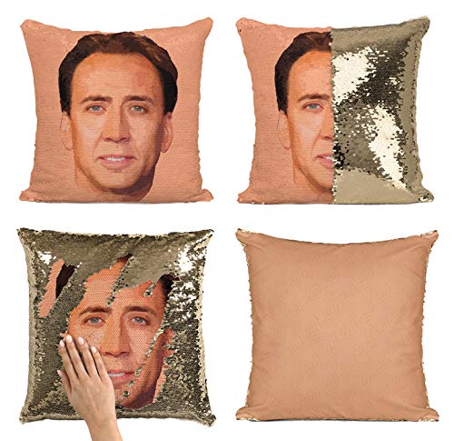 Nicholas Cage Cushion Cover Sequined Reversible Pillow Retro Funny Meme Gift 